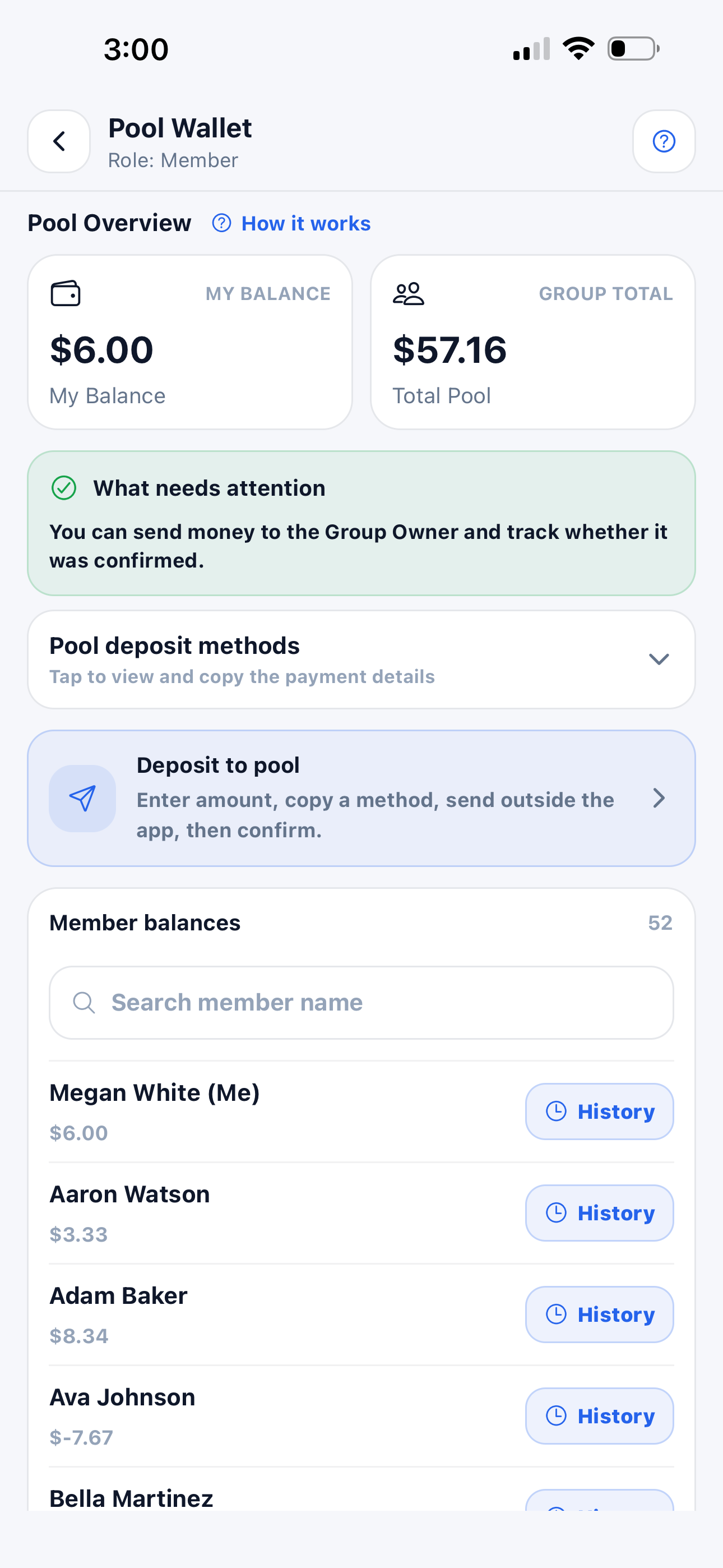 Pool Wallet member screen with deposit and history