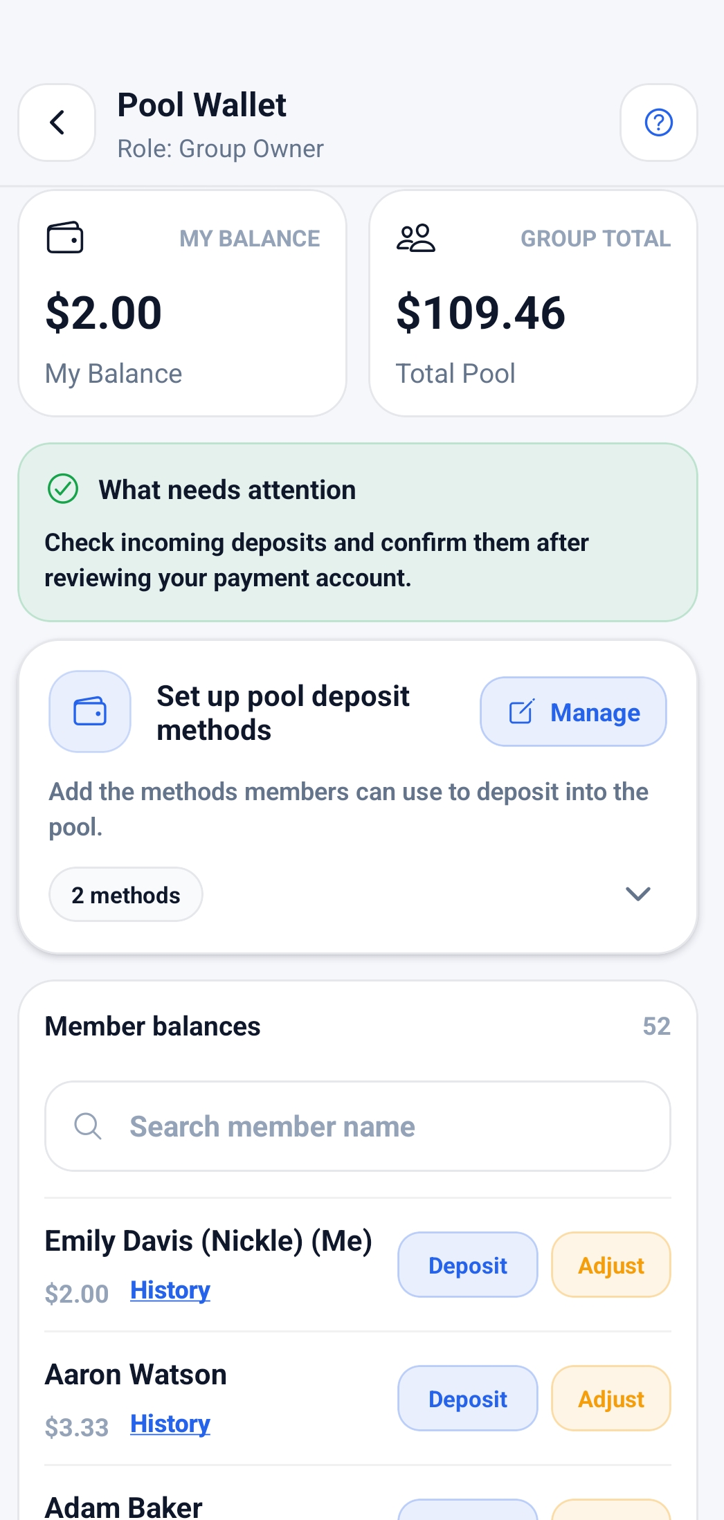 Pool Wallet group owner screen