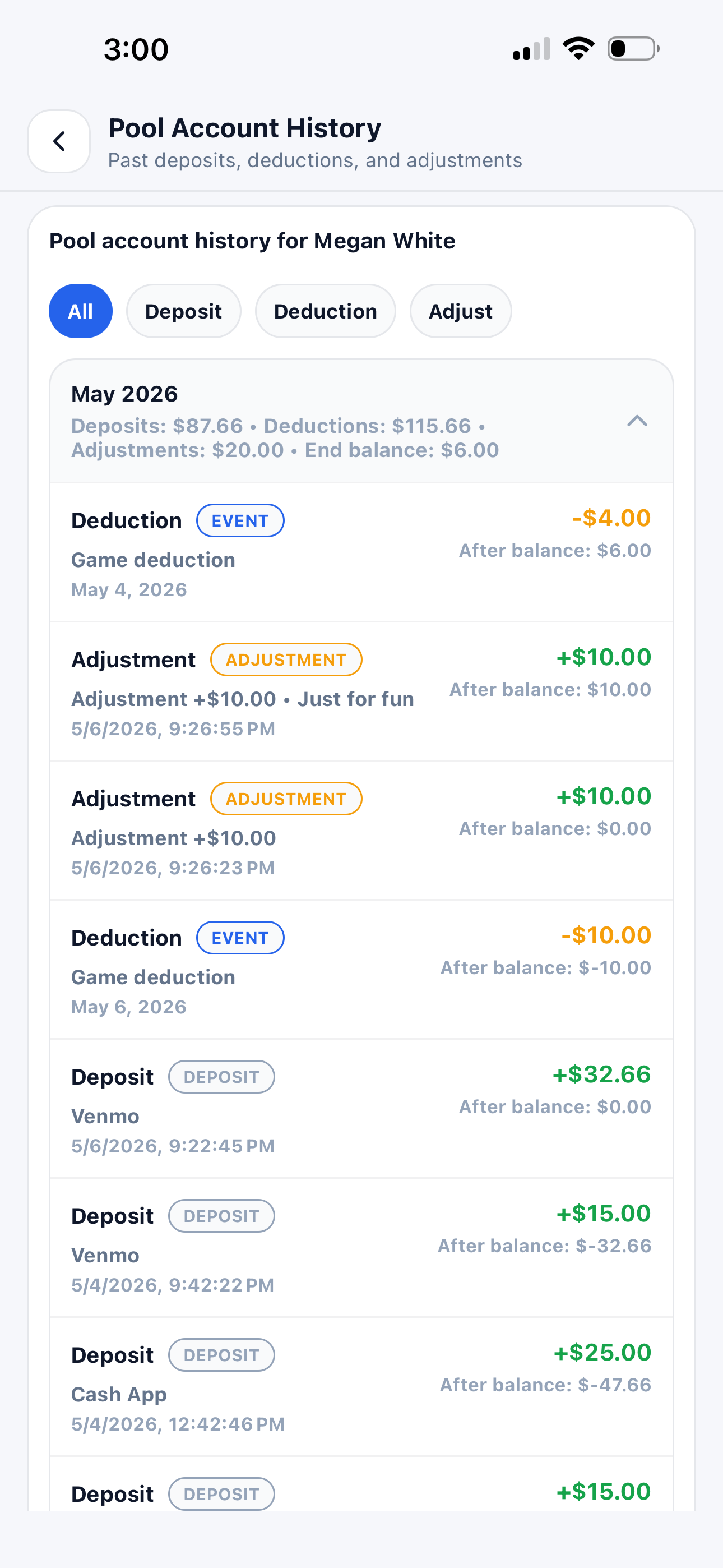 Pool account history screen