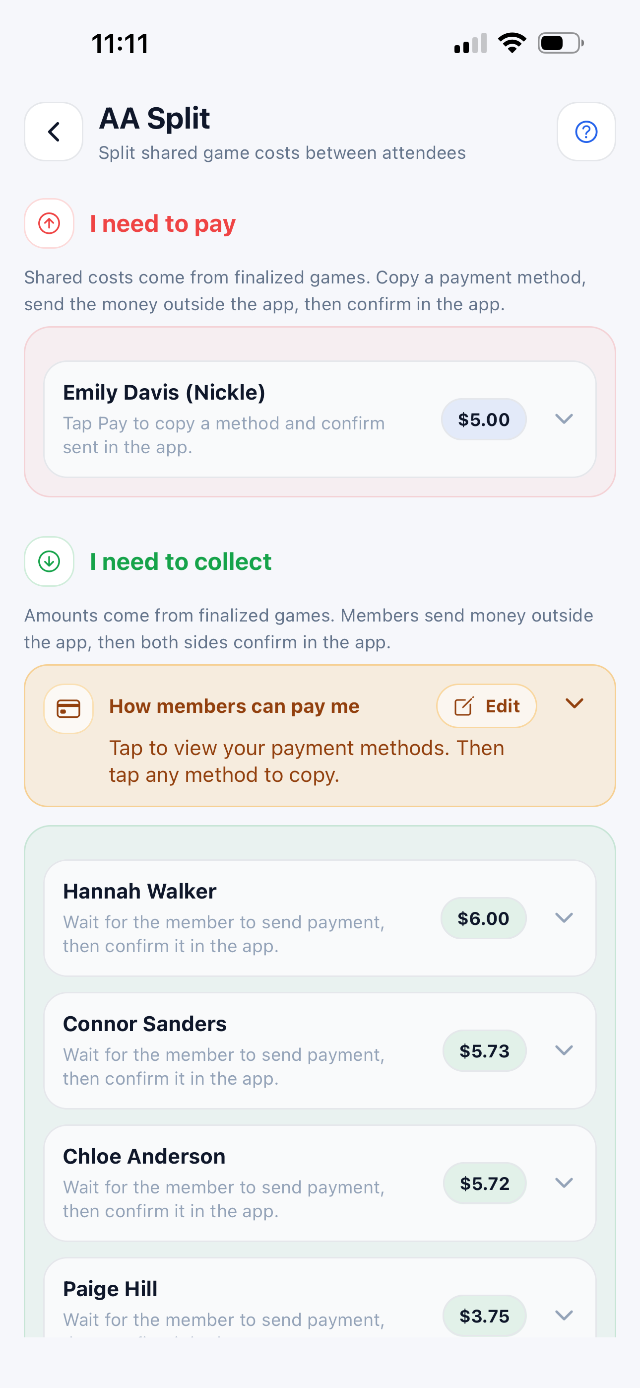 AA Split pay and collect screen