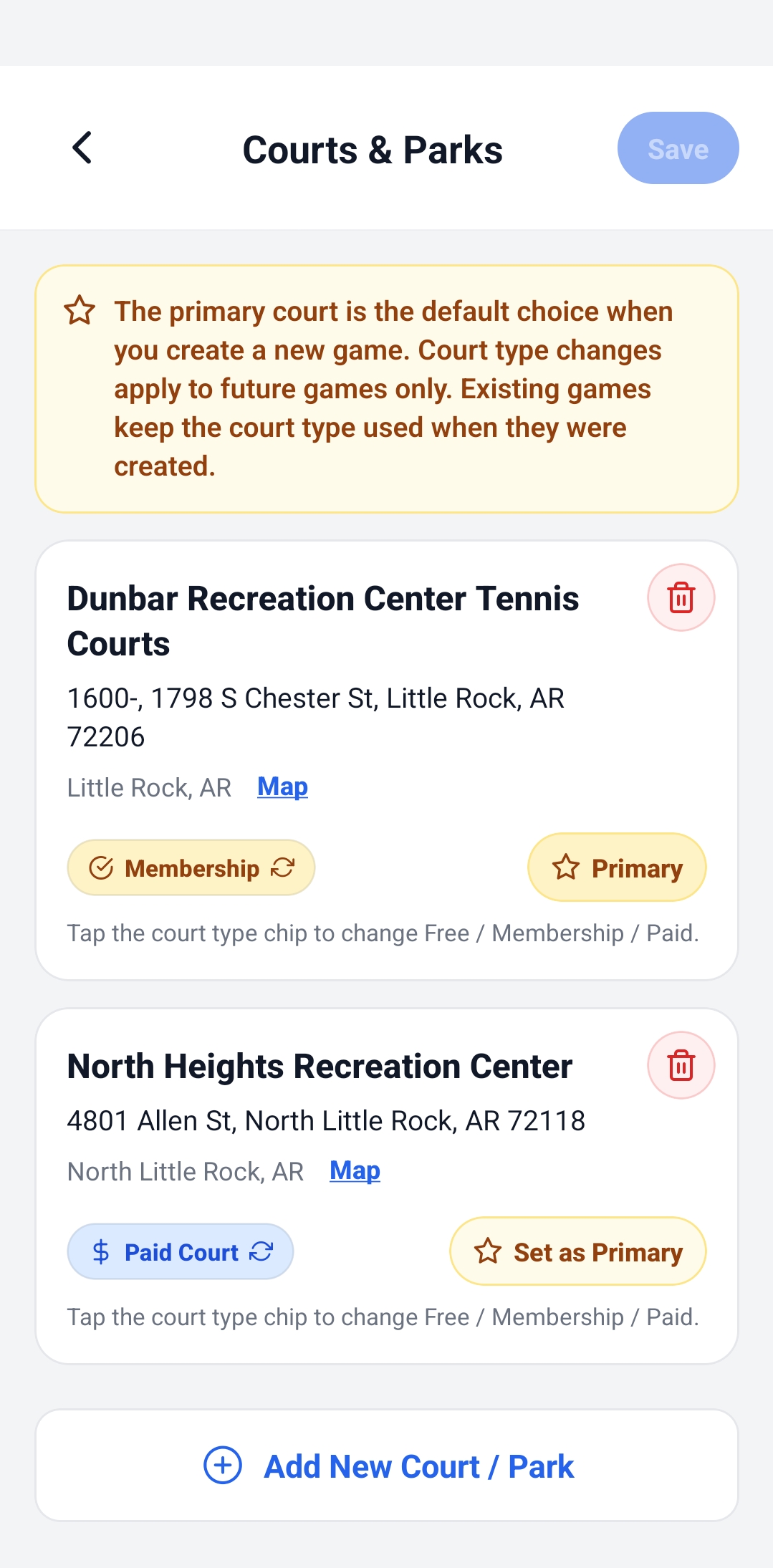 Courts and parks management screen