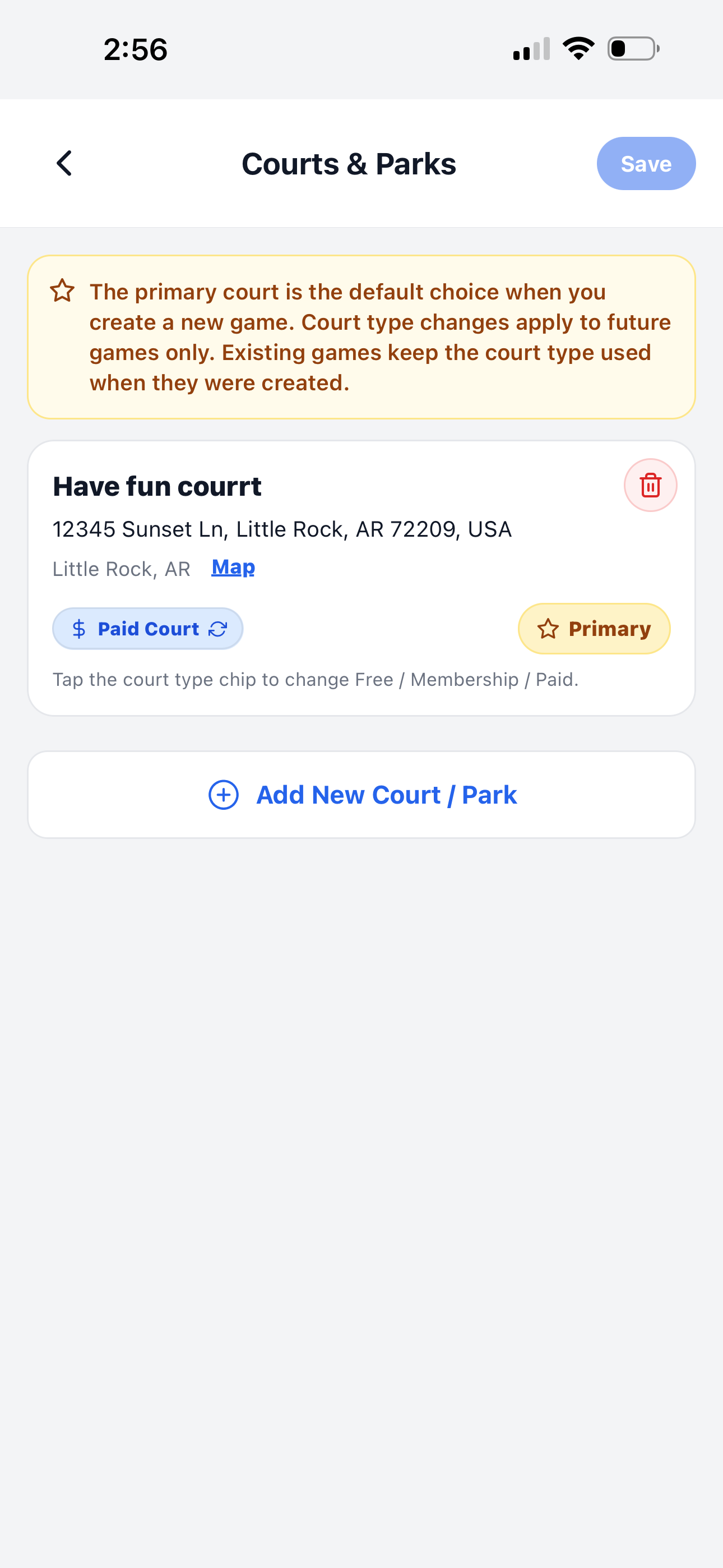 One saved court with paid court type and primary badge