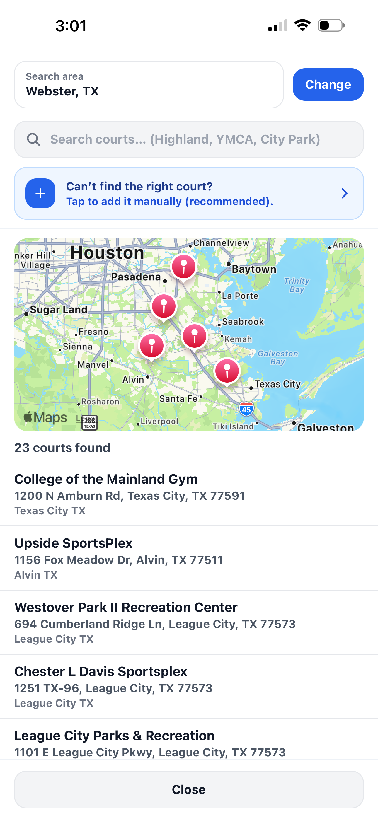 Court search and map picker screen