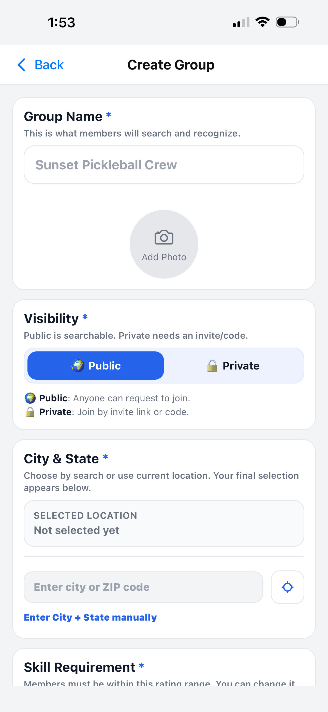 Create group basic setup screen