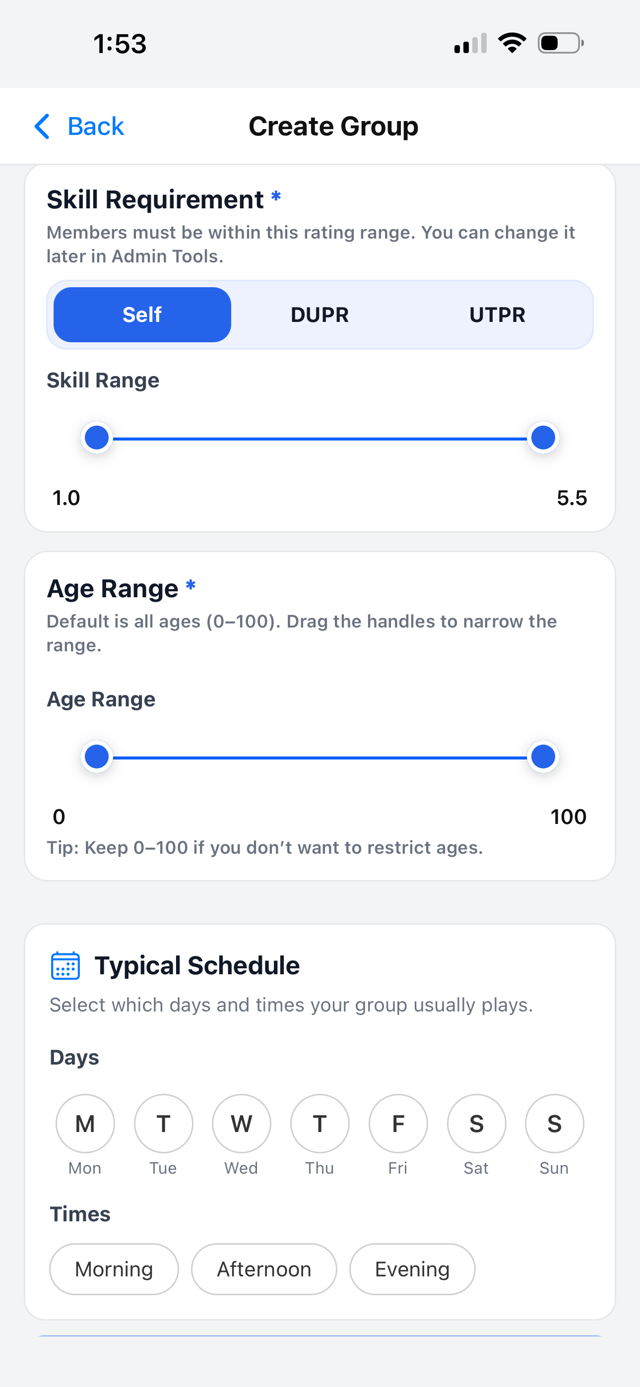 Create group skill range age range and typical schedule screen