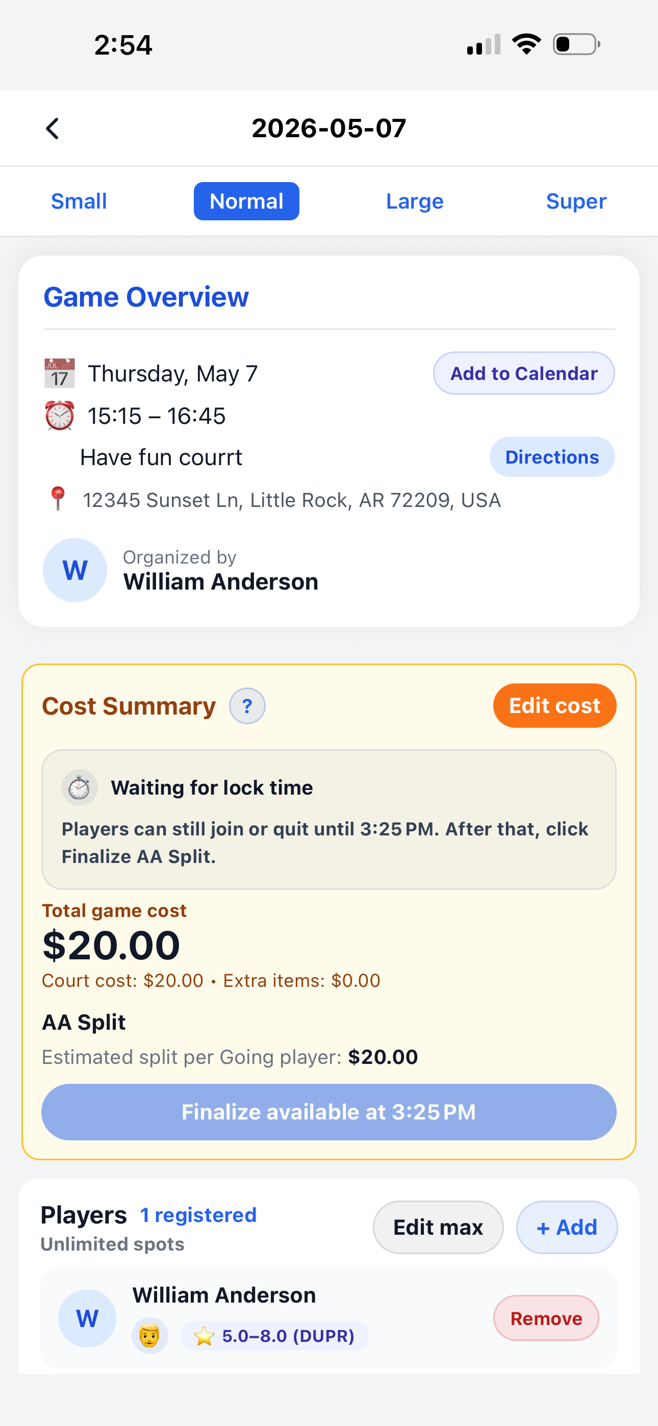 Game detail overview screen in PickleWallet