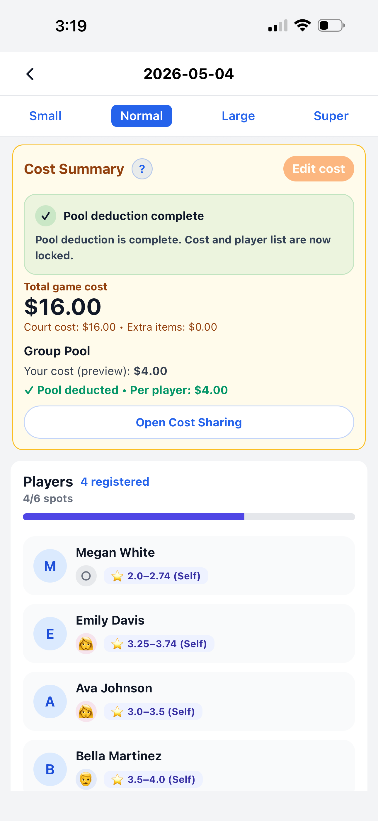 Game detail with Pool deduction complete