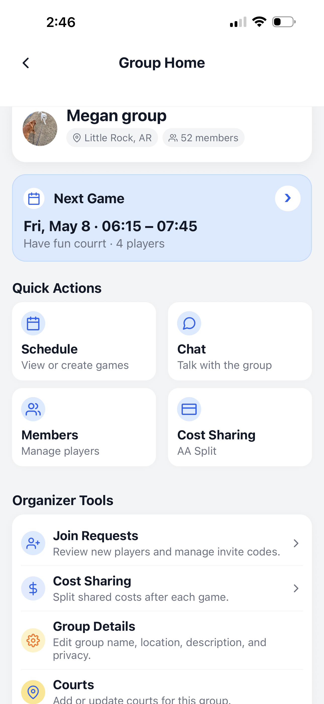 PickleWallet group dashboard screen
