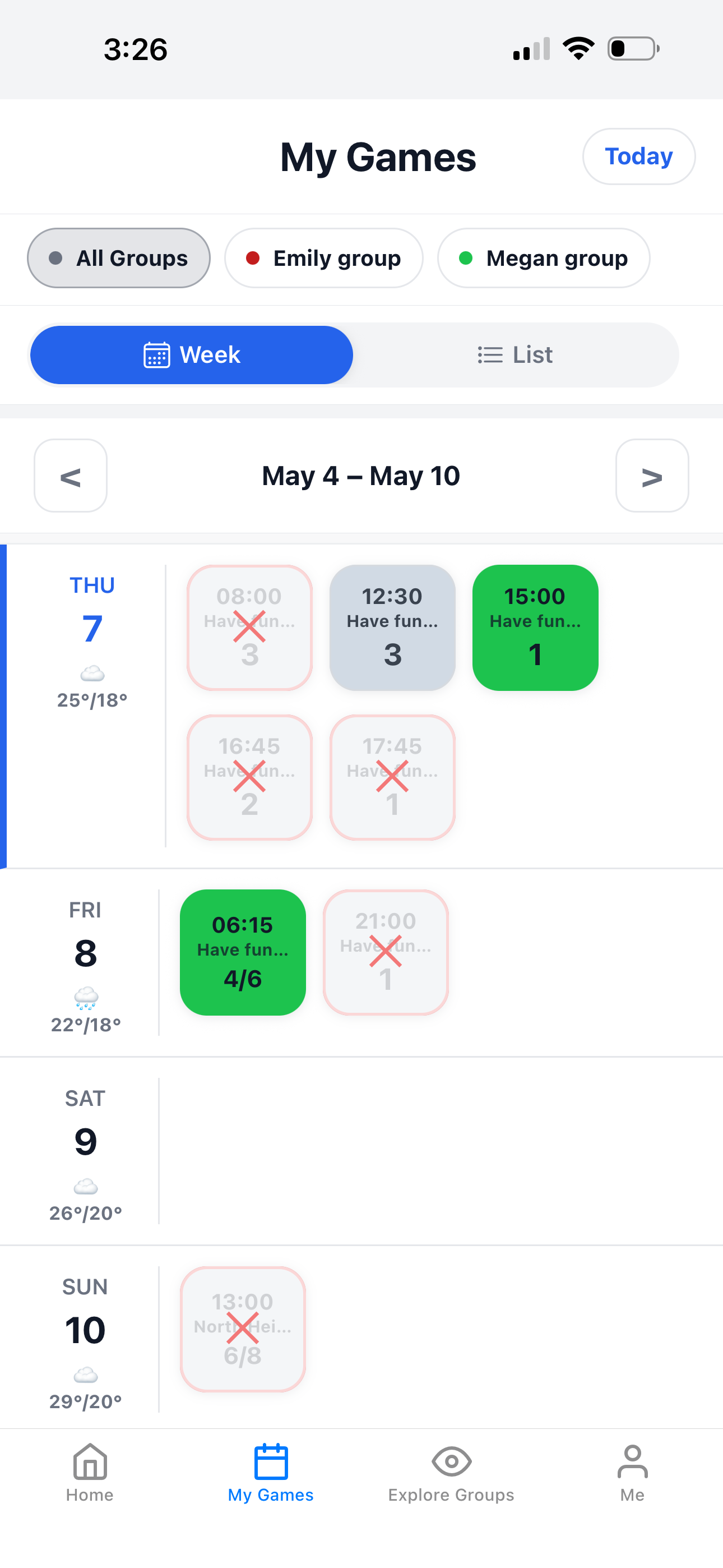 My Games weekly schedule screen