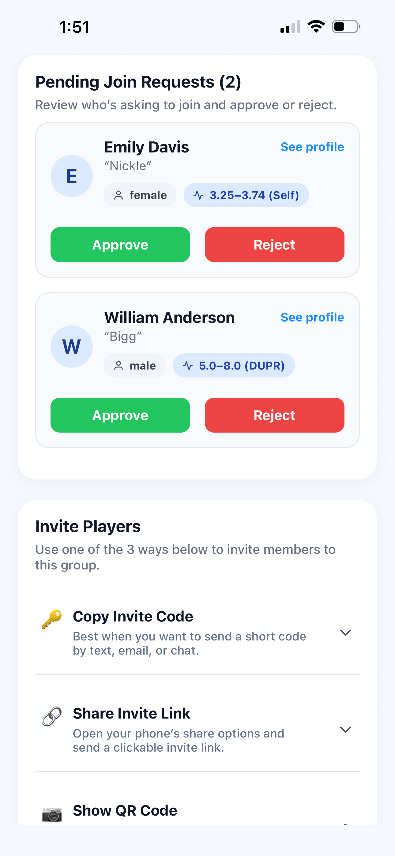 Pending join requests approve and reject screen