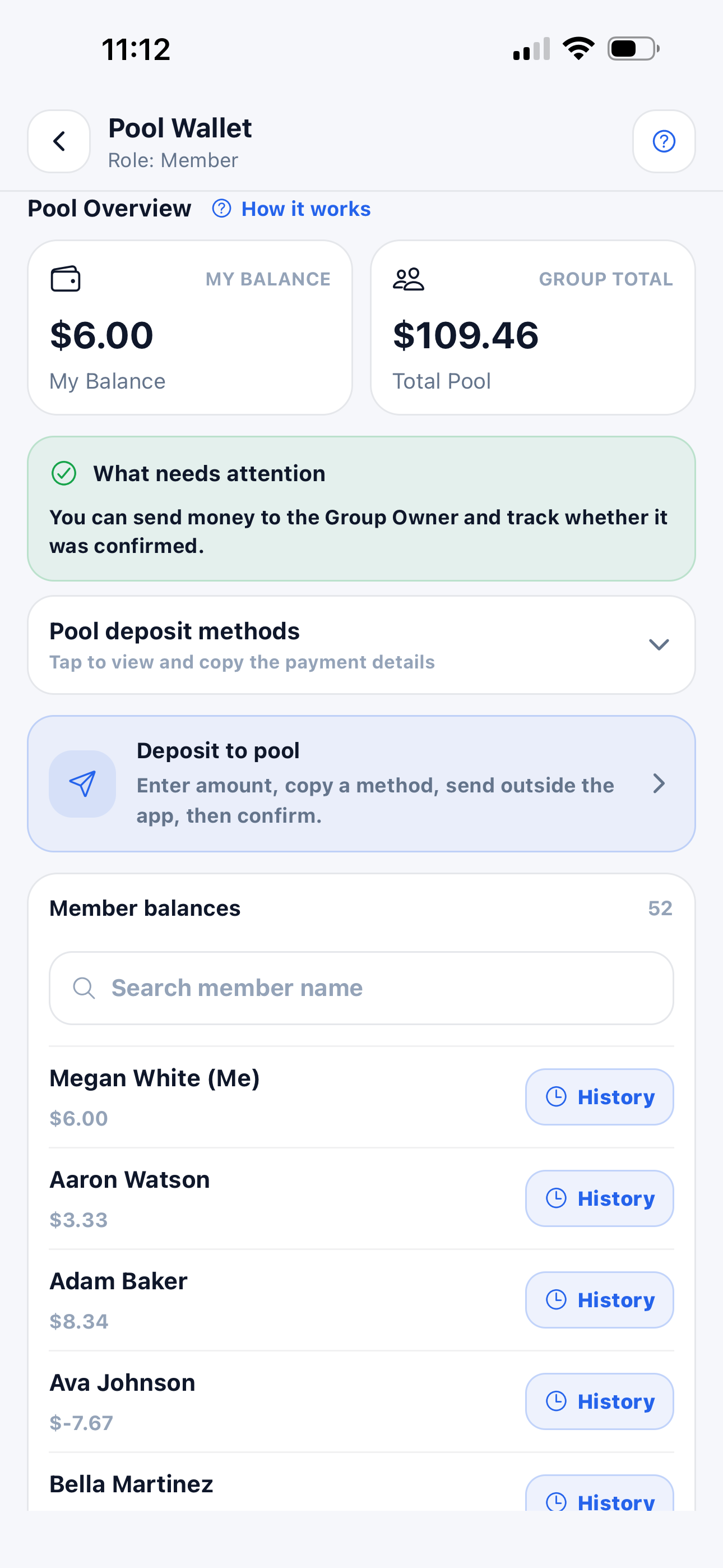 Pool Wallet member view screen