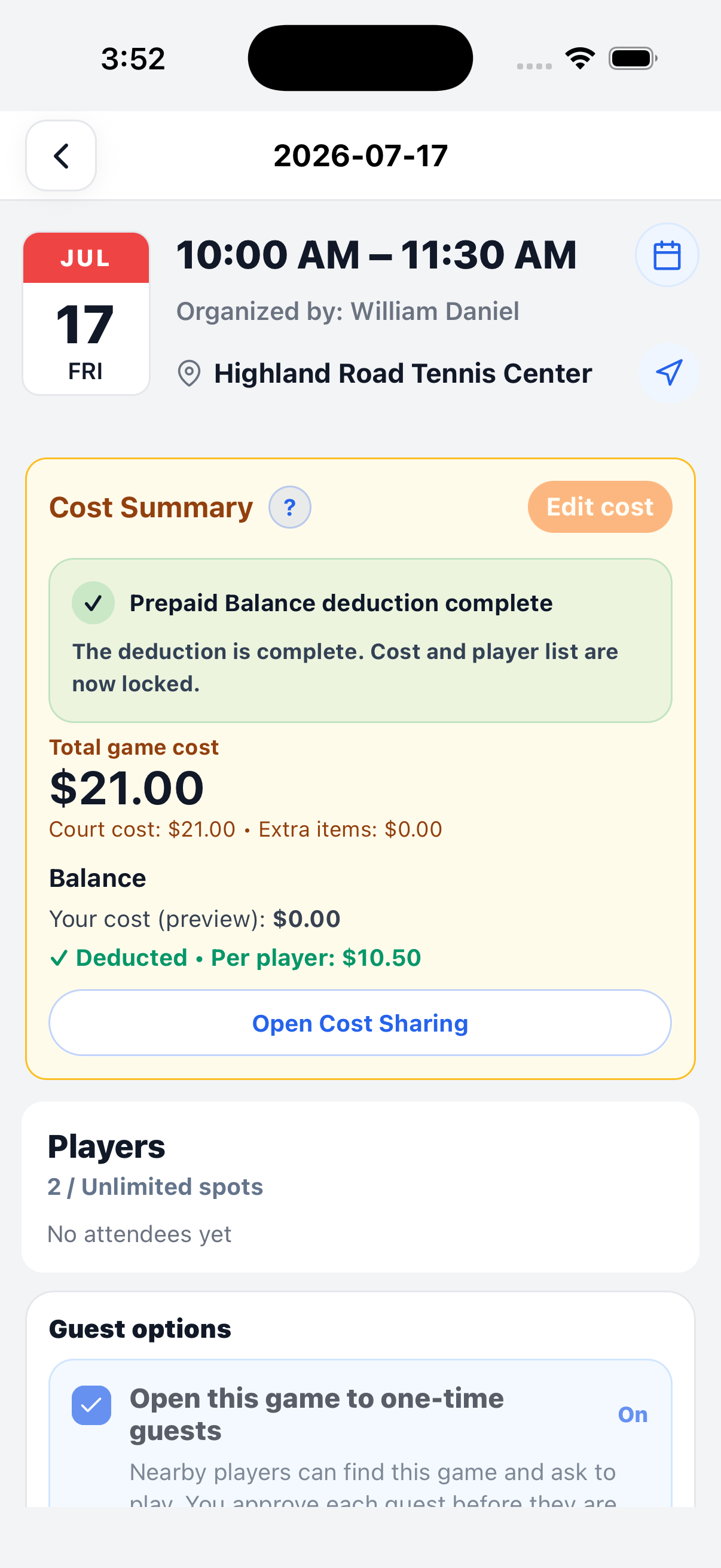 Current game detail with Prepaid Balance deduction complete