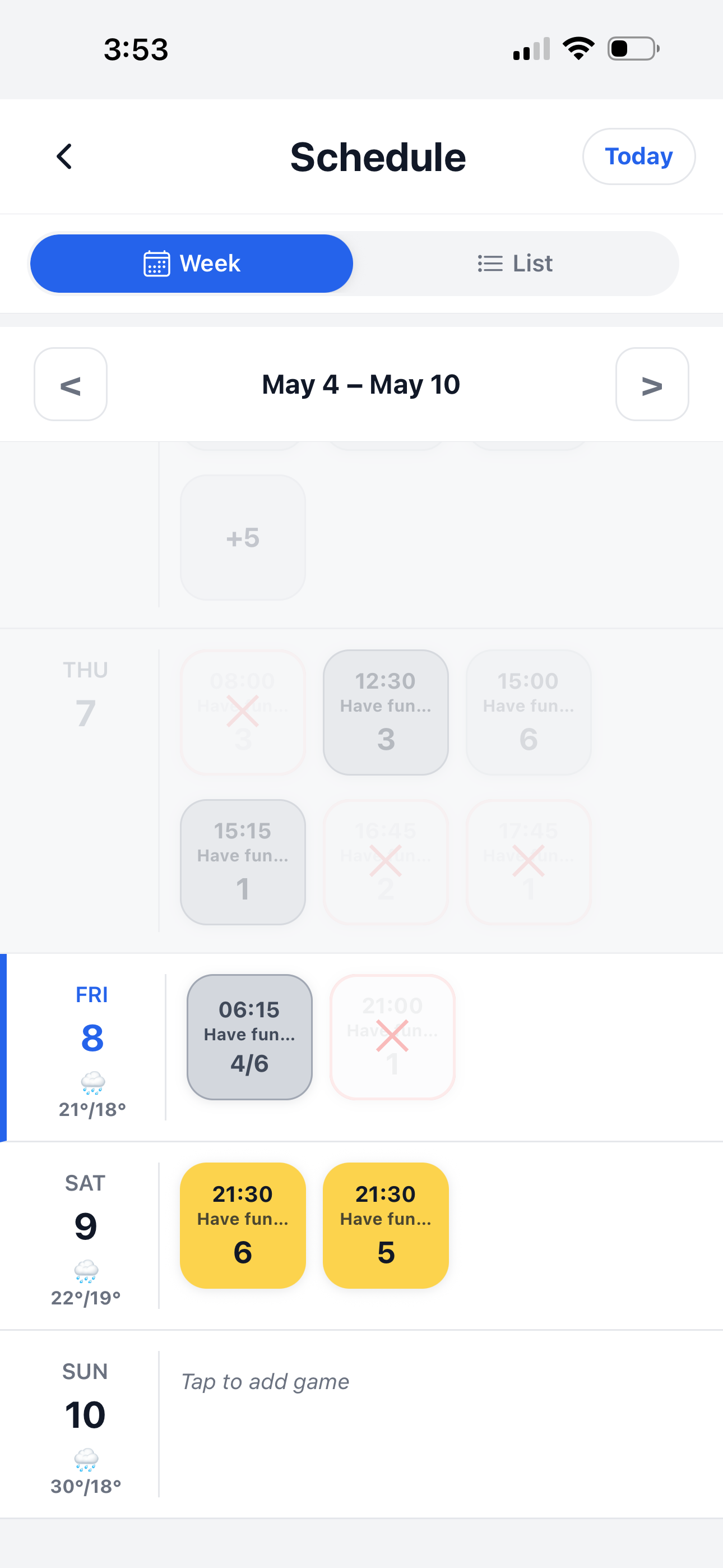 Group schedule weekly view screen